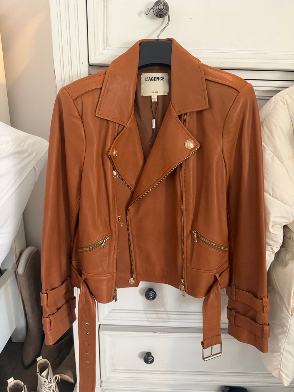 L'AGENCE Cognac Leather Moto Jacket with Gold Hardware